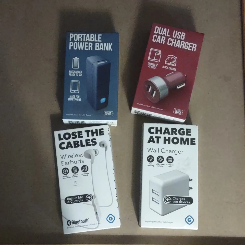 4 Gems Car, Home, Portable charger and Bluetooth earbuds